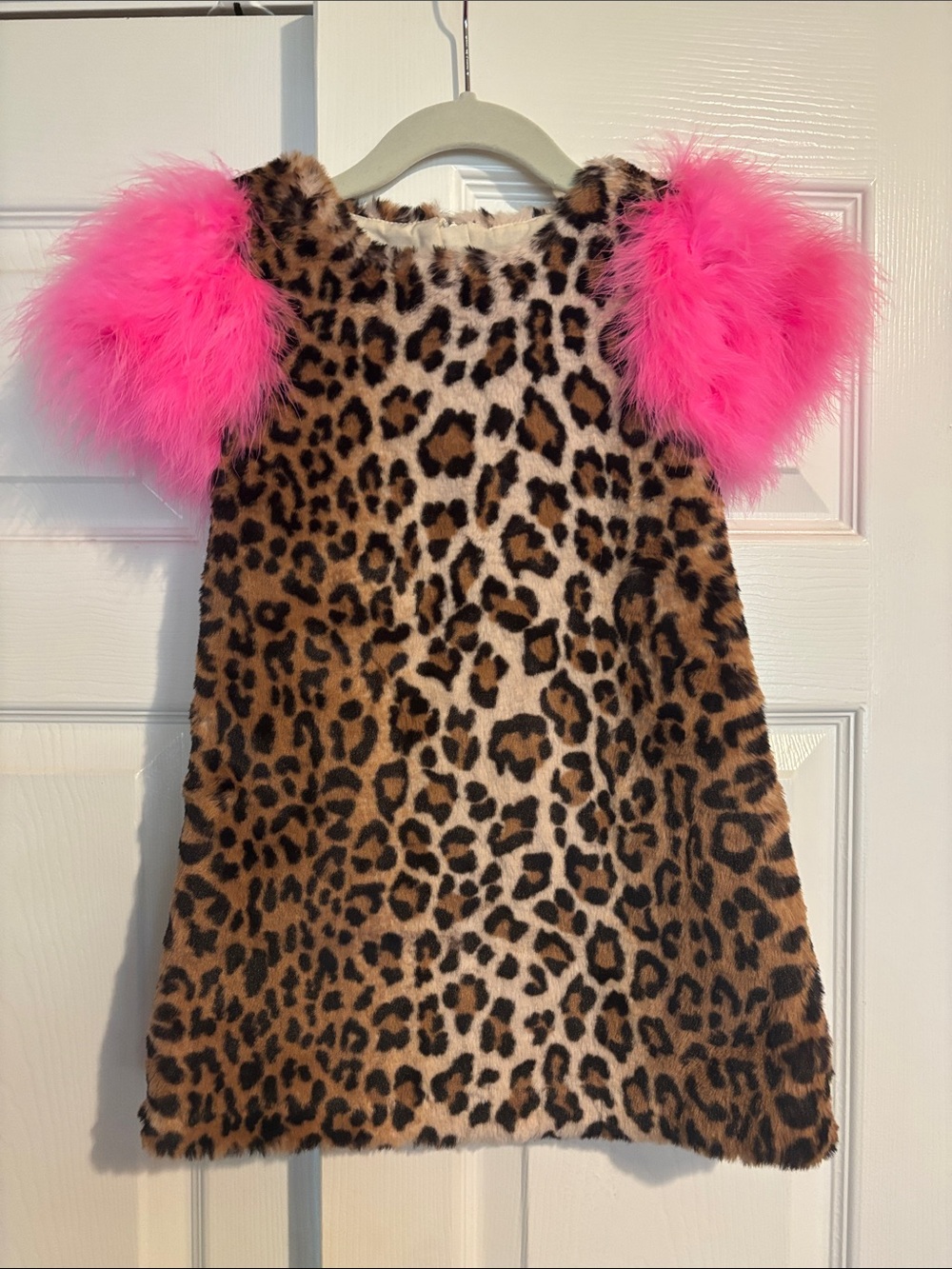 Leopard Faux-Fur Kids Formal Dress with Pink Feather Sleeves